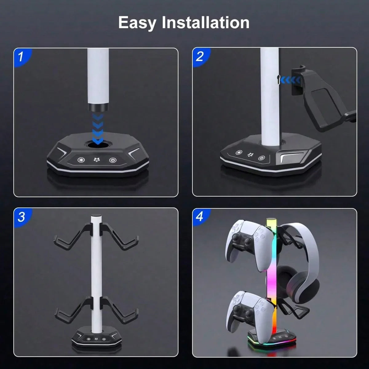 RGB Gaming Headset Stand With USB-C, 10 Light Modes, Non-Slip Rubber Base - Perfect Desktop Accessory, Ideal Gift For Gamers