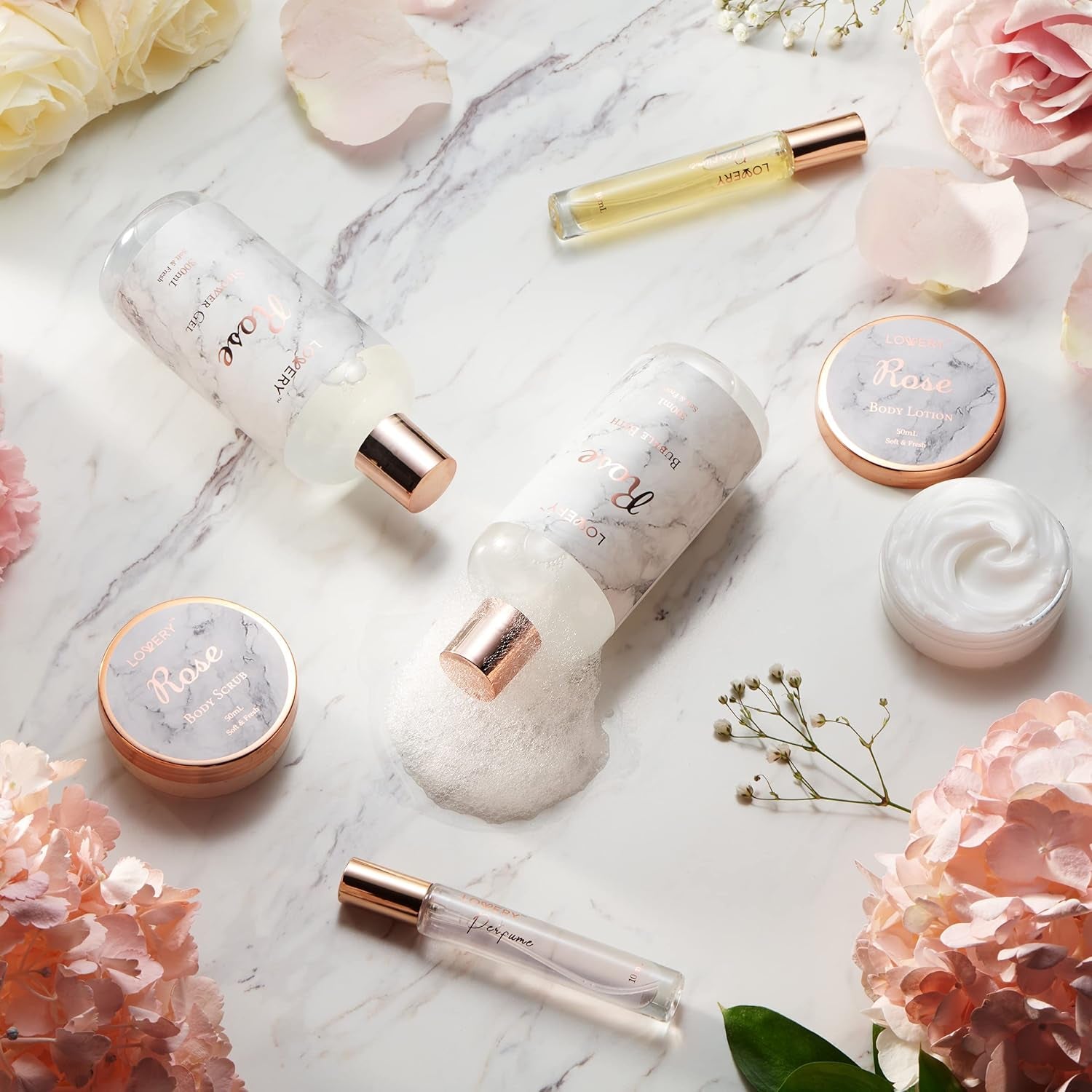 Mothers Day Gifts for Mom, Daughter Self Care Gifts for Women, Luxe 16Pc Rose Bath and Body Home Spa Set, Relaxation Bath Gift Basket for Birthday Pampering with Perfumes, Acne Kit, Lotions & More