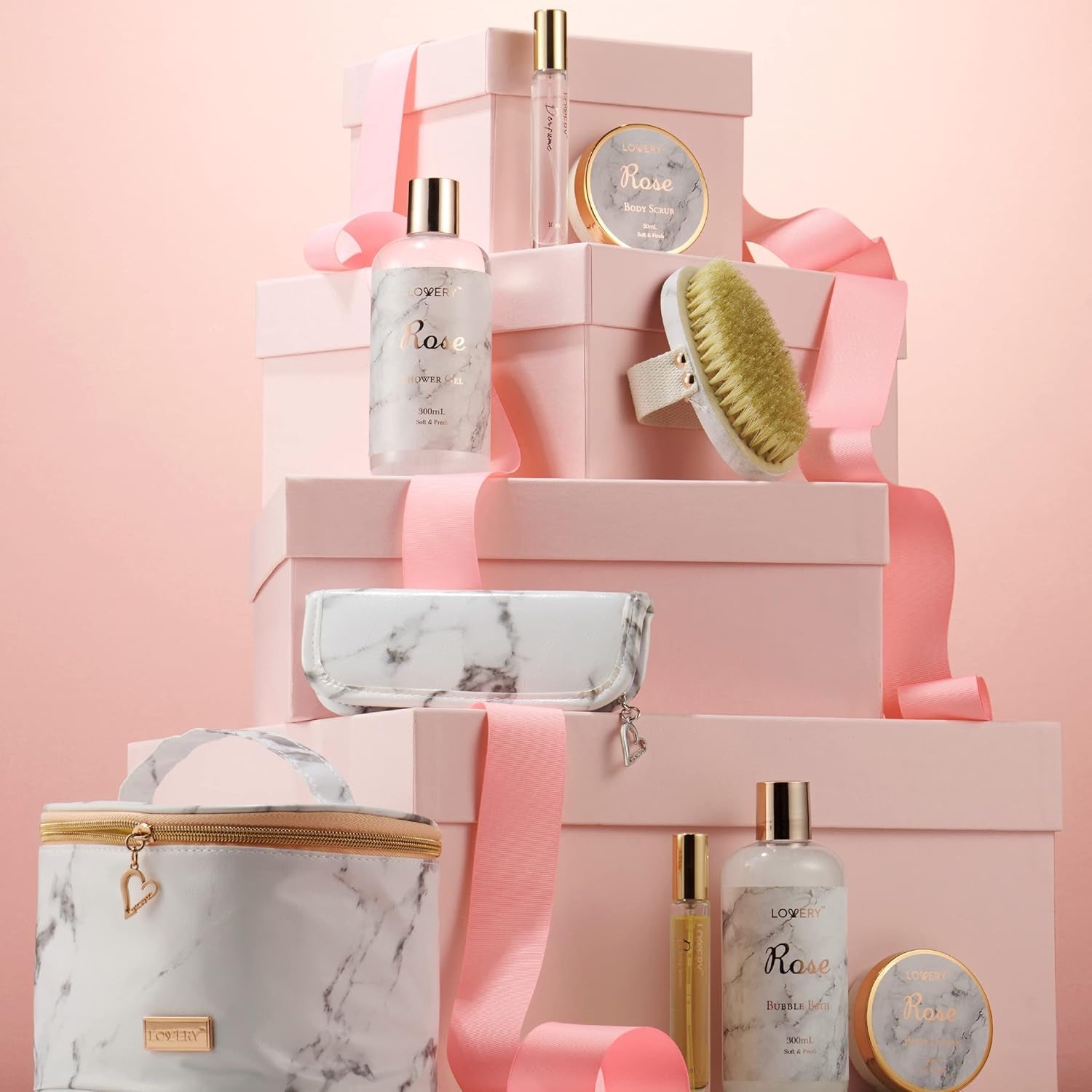 Mothers Day Gifts for Mom, Daughter Self Care Gifts for Women, Luxe 16Pc Rose Bath and Body Home Spa Set, Relaxation Bath Gift Basket for Birthday Pampering with Perfumes, Acne Kit, Lotions & More