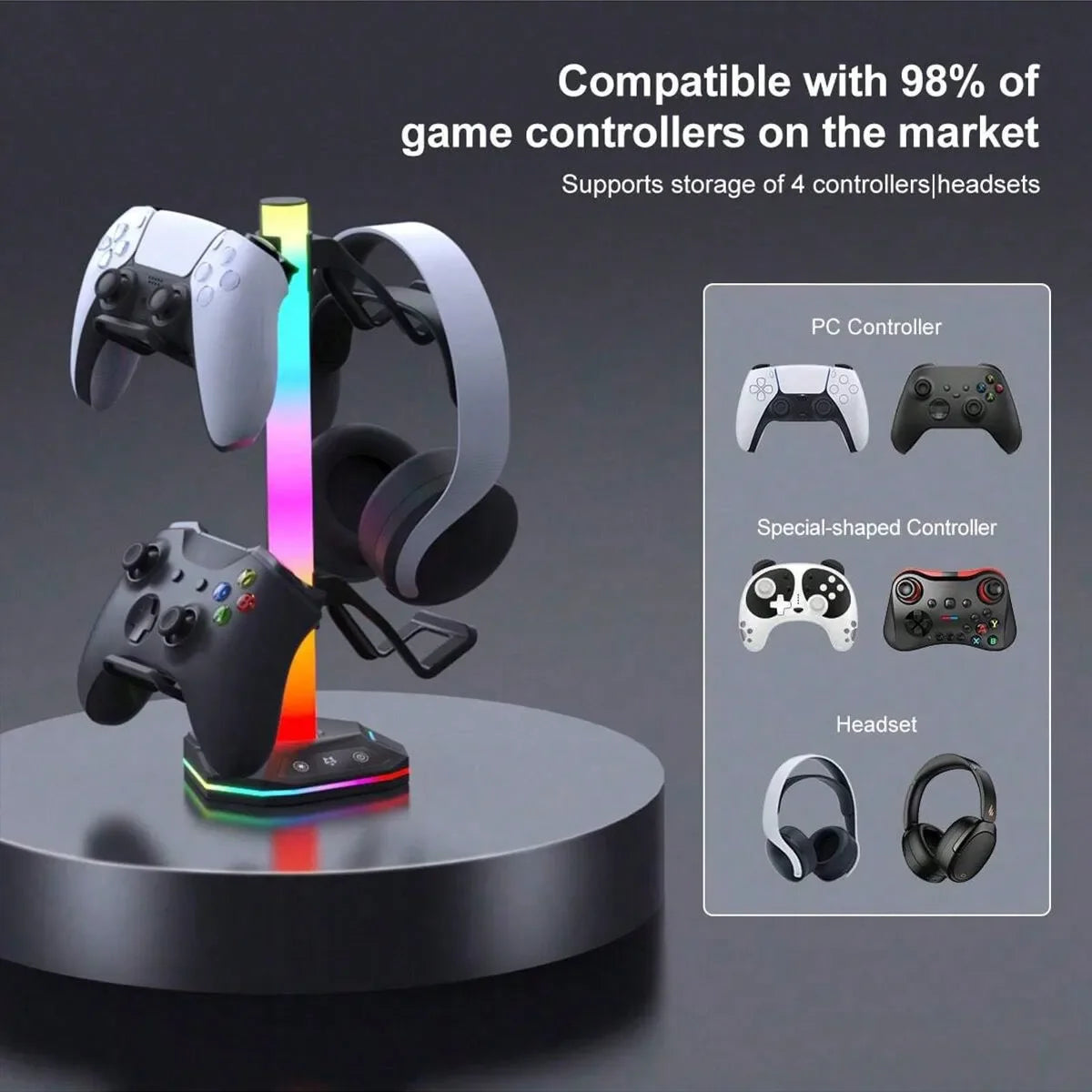 RGB Gaming Headset Stand With USB-C, 10 Light Modes, Non-Slip Rubber Base - Perfect Desktop Accessory, Ideal Gift For Gamers