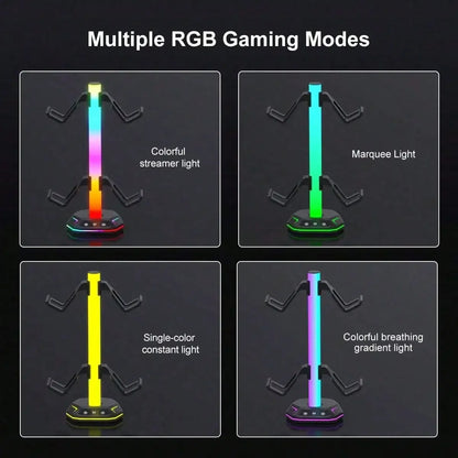 RGB Gaming Headset Stand With USB-C, 10 Light Modes, Non-Slip Rubber Base - Perfect Desktop Accessory, Ideal Gift For Gamers