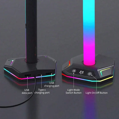 RGB Gaming Headset Stand With USB-C, 10 Light Modes, Non-Slip Rubber Base - Perfect Desktop Accessory, Ideal Gift For Gamers