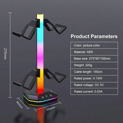 RGB Gaming Headset Stand With USB-C, 10 Light Modes, Non-Slip Rubber Base - Perfect Desktop Accessory, Ideal Gift For Gamers