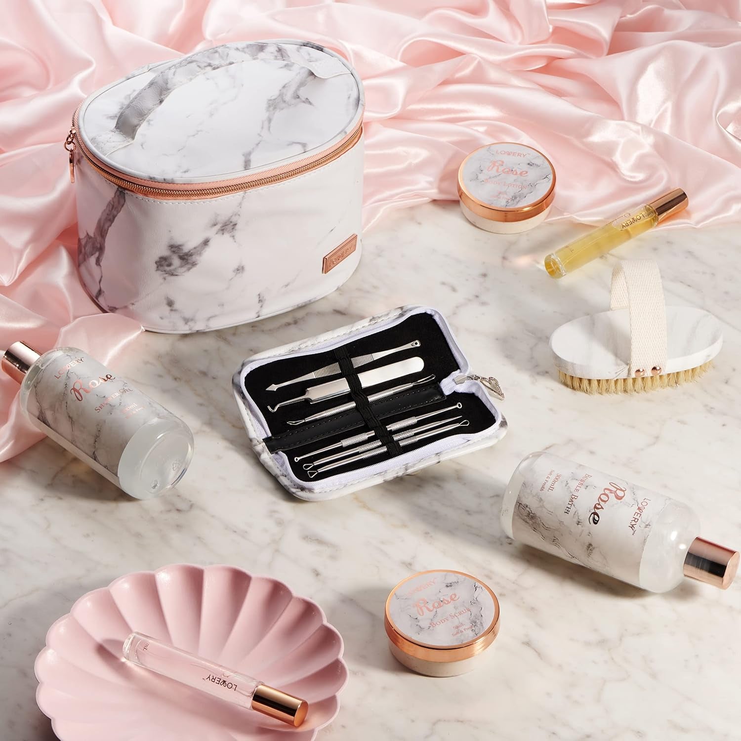 Mothers Day Gifts for Mom, Daughter Self Care Gifts for Women, Luxe 16Pc Rose Bath and Body Home Spa Set, Relaxation Bath Gift Basket for Birthday Pampering with Perfumes, Acne Kit, Lotions & More