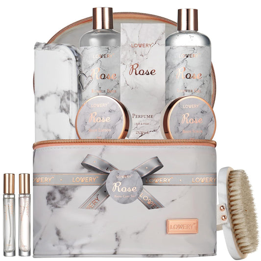 Mothers Day Gifts for Mom, Daughter Self Care Gifts for Women, Luxe 16Pc Rose Bath and Body Home Spa Set, Relaxation Bath Gift Basket for Birthday Pampering with Perfumes, Acne Kit, Lotions & More
